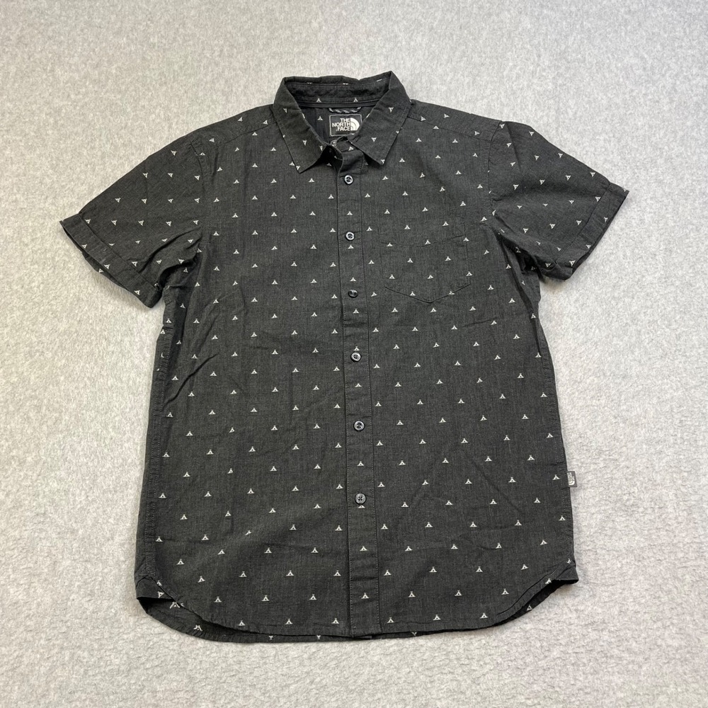 The North Face Button Up Shirt Mens Small Gray Tent Pattern Short Sleeve